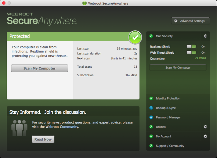 Características Webroot SecureAnywhere